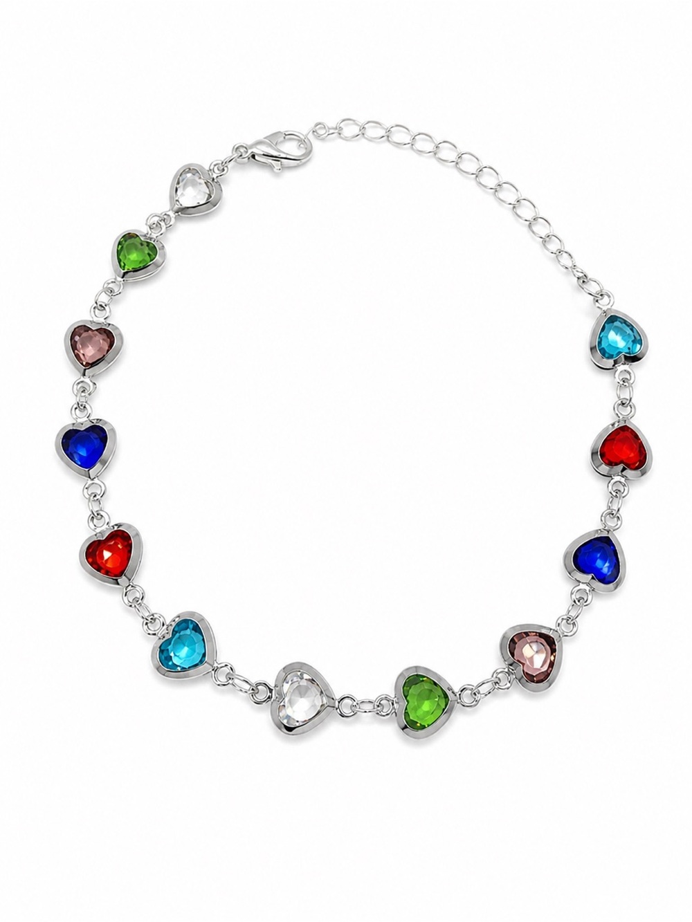 Sterling Silver Multicolor Heart Necklace — Colorful Crystal Hearts